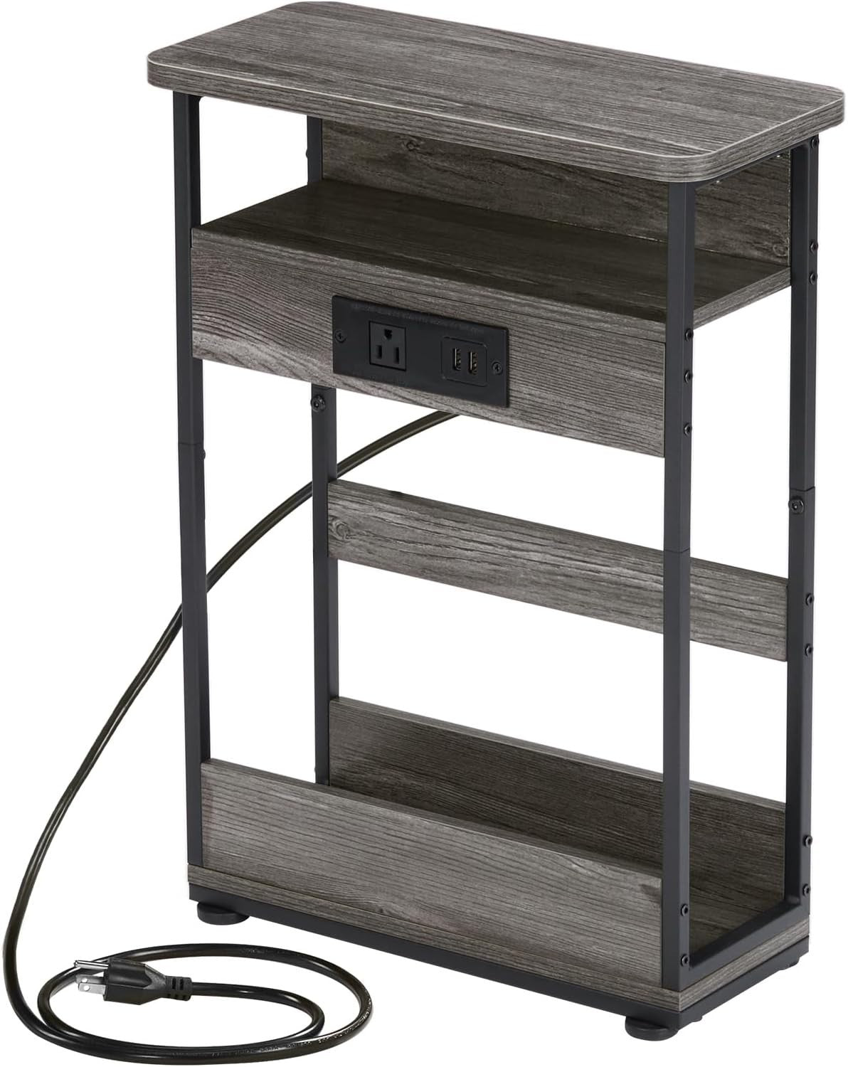 Grey Narrow Side Table with USB & Outlets – 3-Tier Slim Bedside Unit