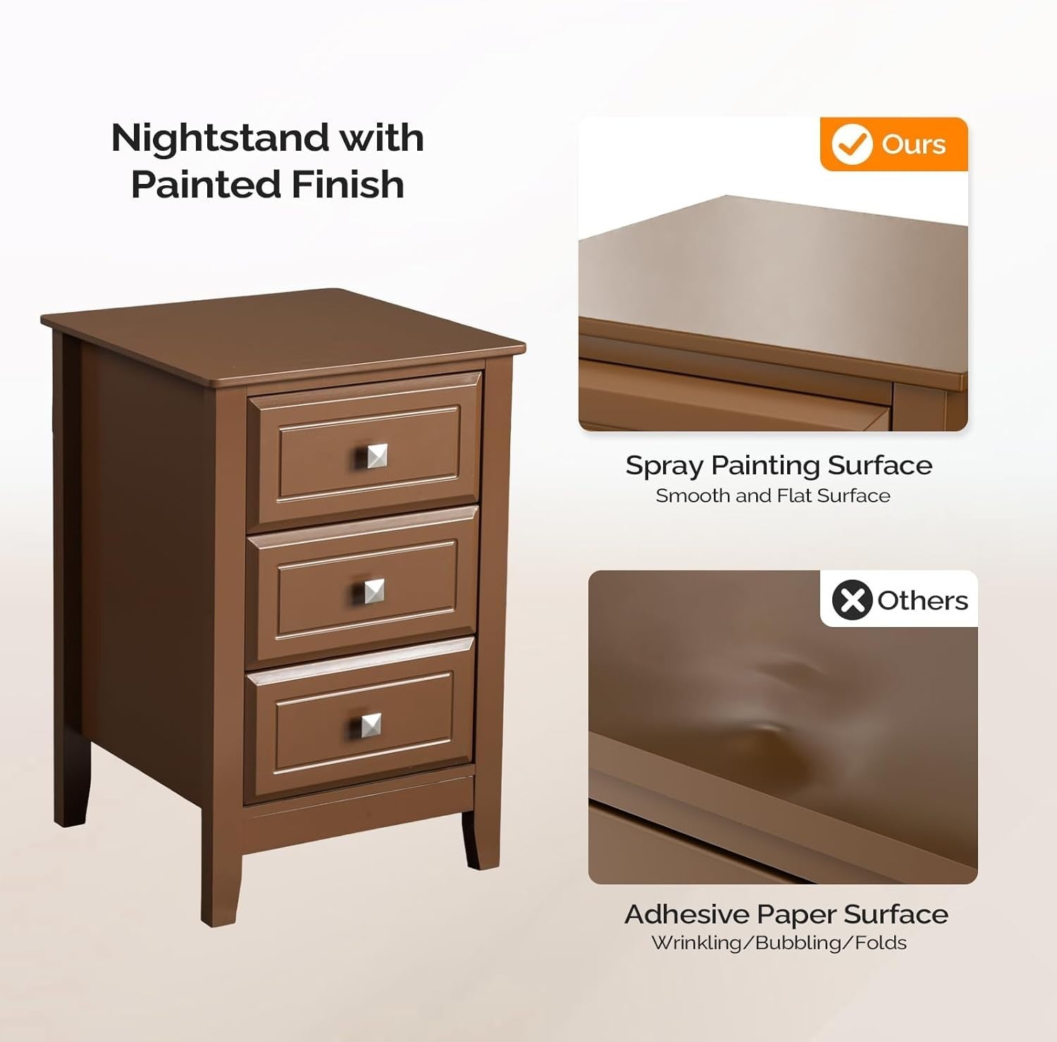 Modern Brown Bedside Table with 3 Drawers – Wooden Nightstand Cabinet