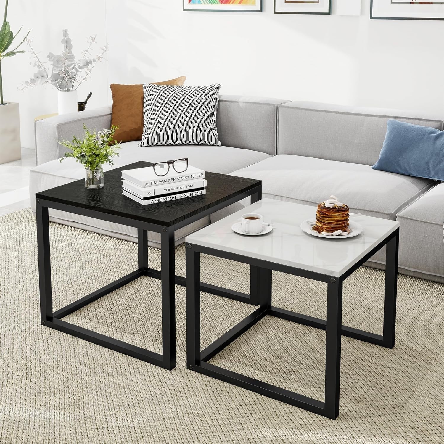 Modern Nesting Coffee Table Set 2 Black White Square Metal Wood Living Room