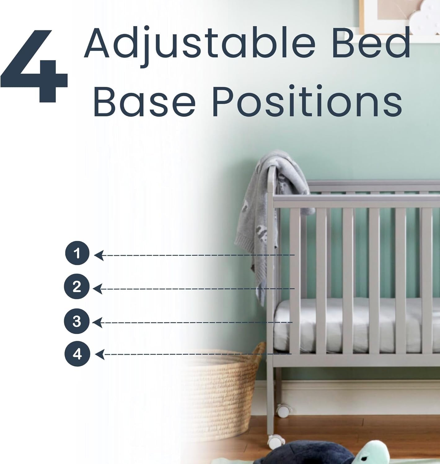 Space Saver Baby Cot Bed Adjustable Height with Wheels White Compact Crib Grey