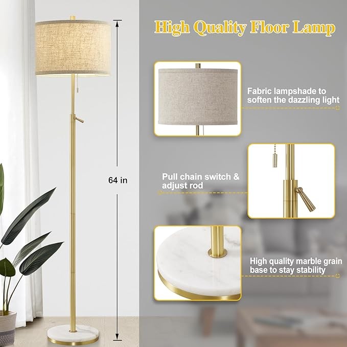 Gold Marble Floor Lamp Adjustable Height Fabric Shade Pull Chain Standing