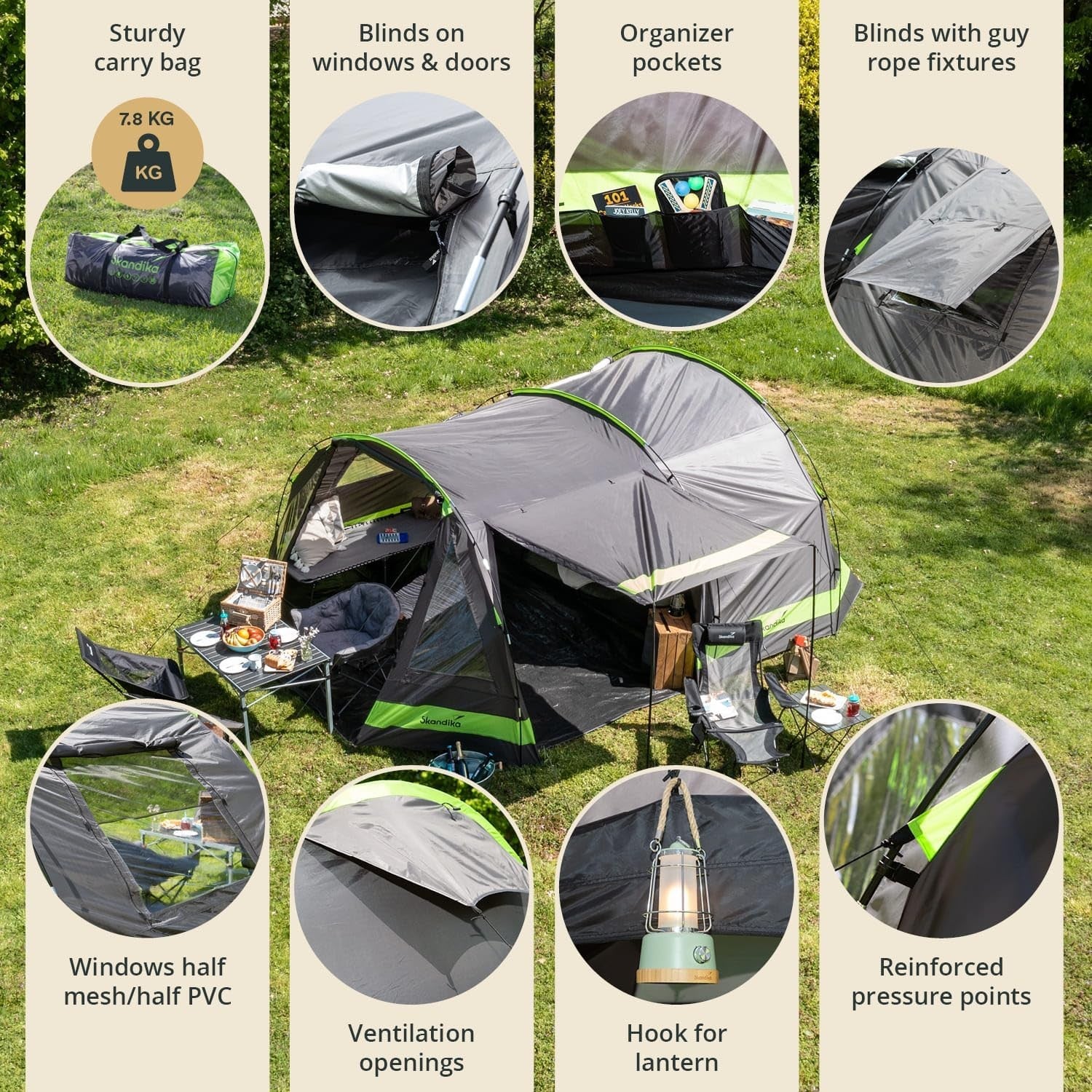 Anthracite/Green 4-Person Tunnel Family Camping Tent – Waterproof & Spacious