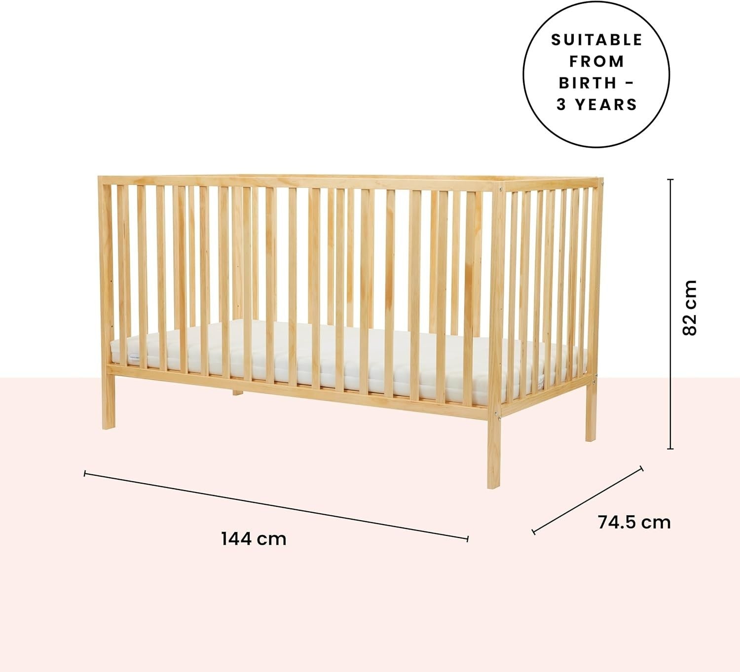 Stylish Wooden Baby Cot Bed Adjustable Height Crib with Fibre Mattress Pine