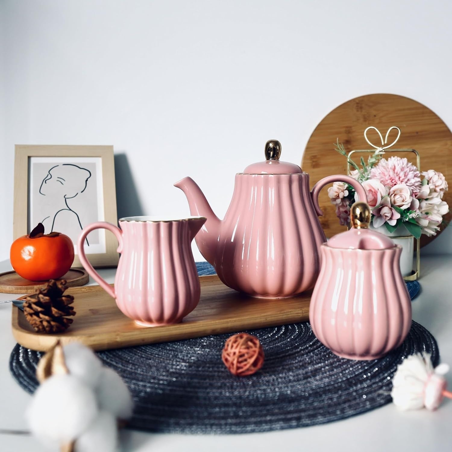 Vintage Porcelain Tea Set Teapot Milk Jug Sugar Bowl Pink Floral