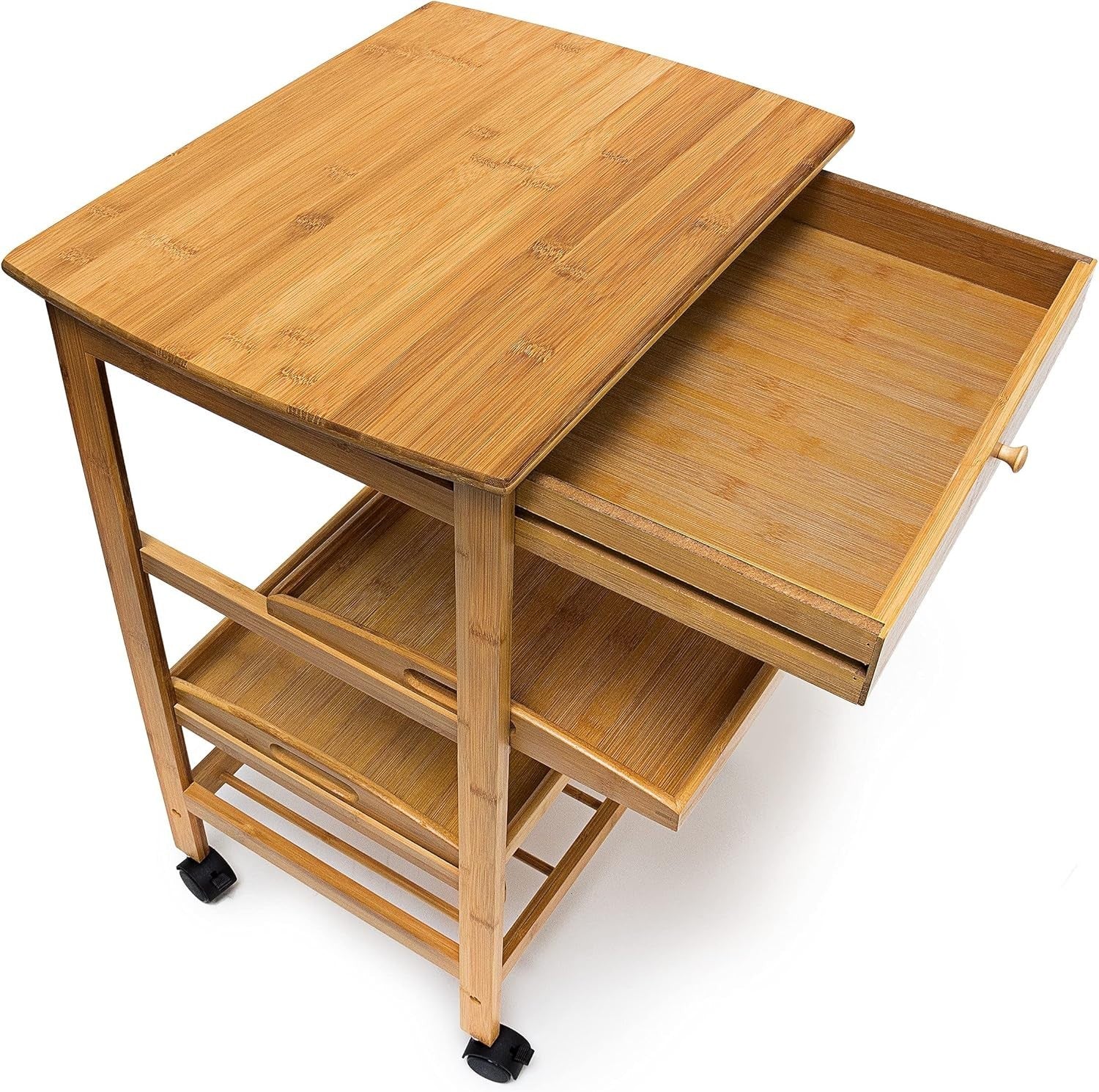 Bamboo Kitchen Trolley Cart w Drawer Trays Wine Rack