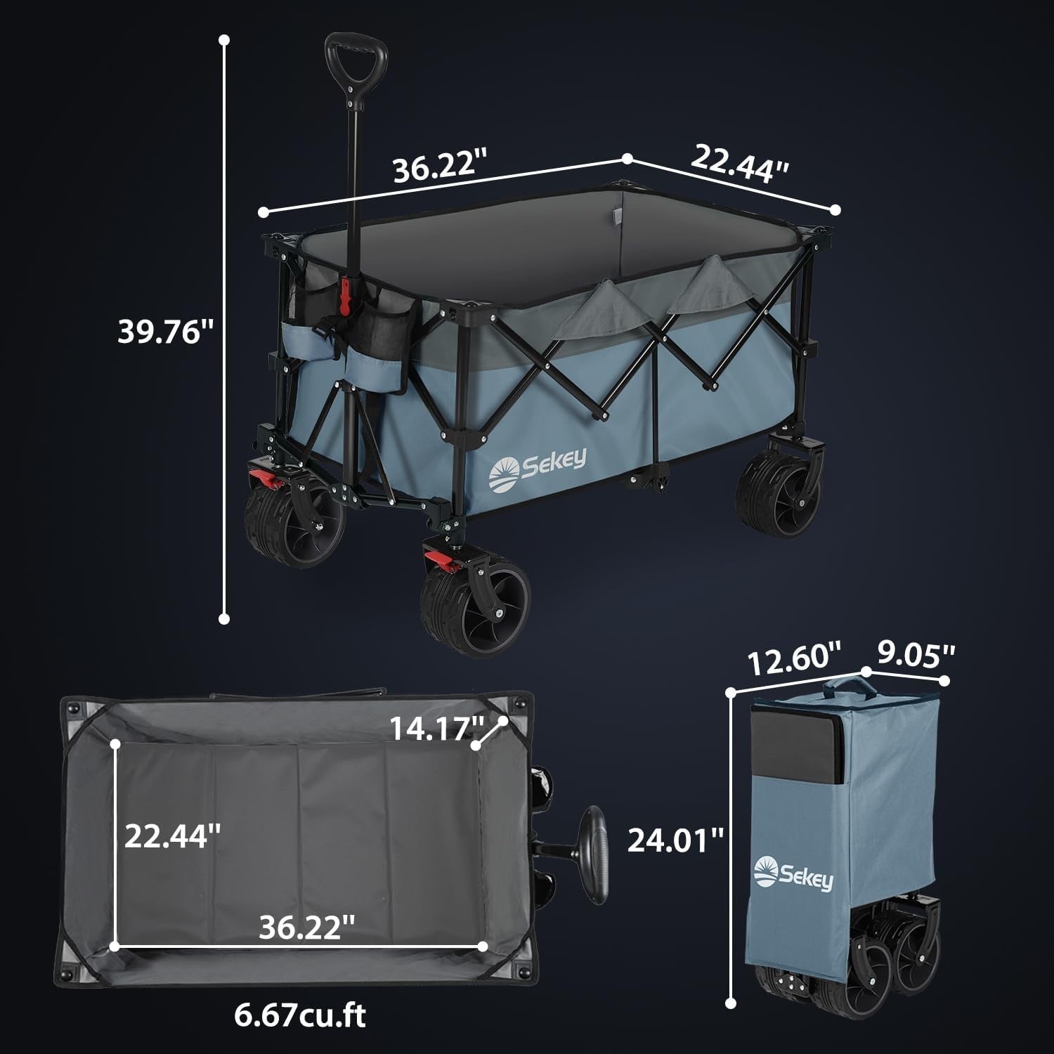 Blue Grey 200L Folding Camping Wagon 150kg Heavy Duty All Terrain Festival Cart