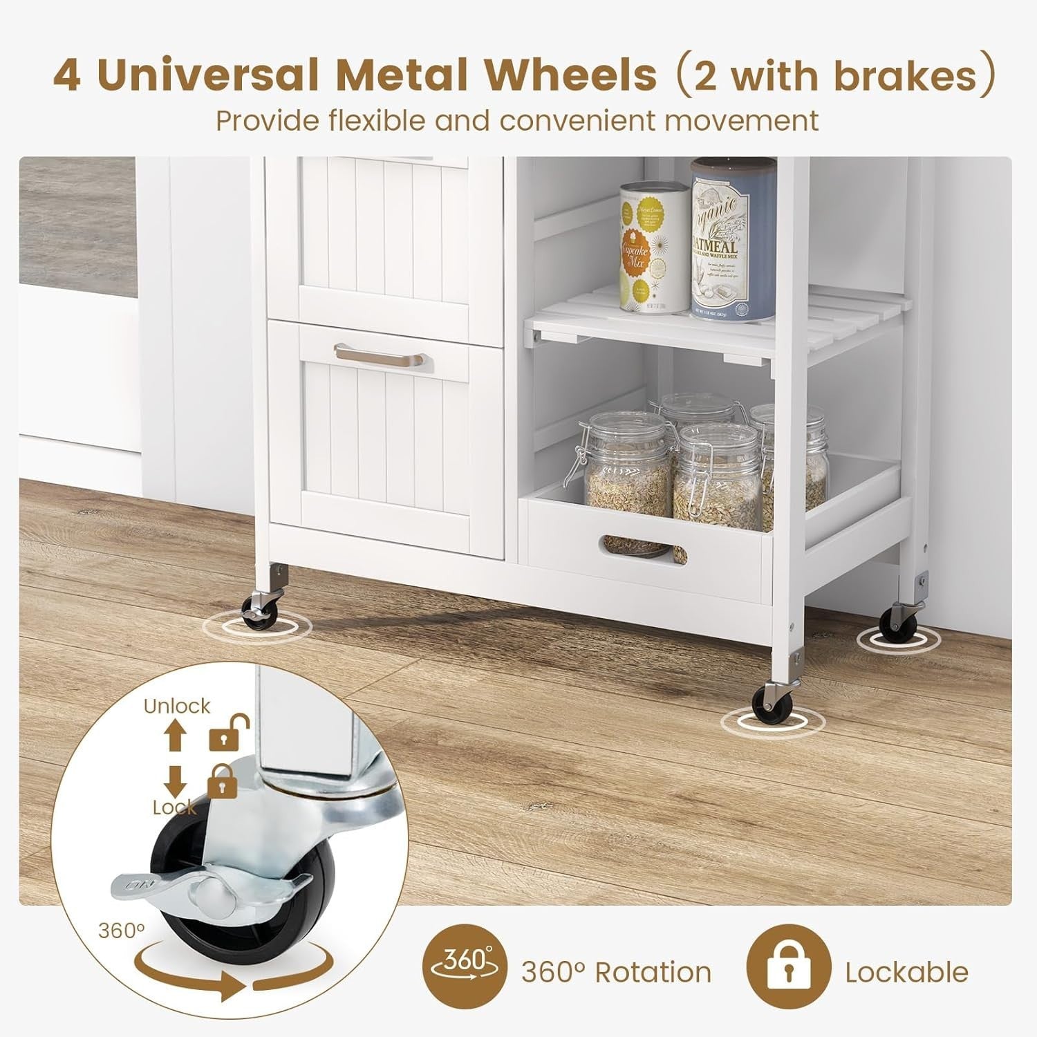 White Kitchen Island Cart 3 Drawers Rolling Trolley