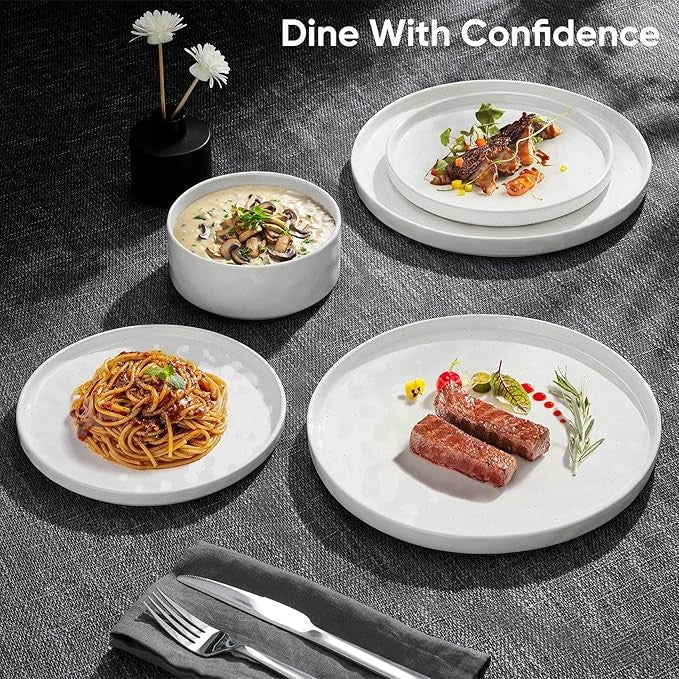 12pc White Stoneware Dinner Set Plates Bowls Reactive Glaze Service for 4