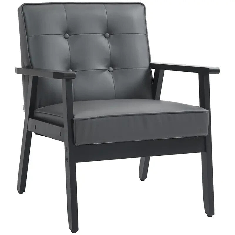 Grey PU Leather Armchair Retro Lounge Chair Wood Frame for Living Room