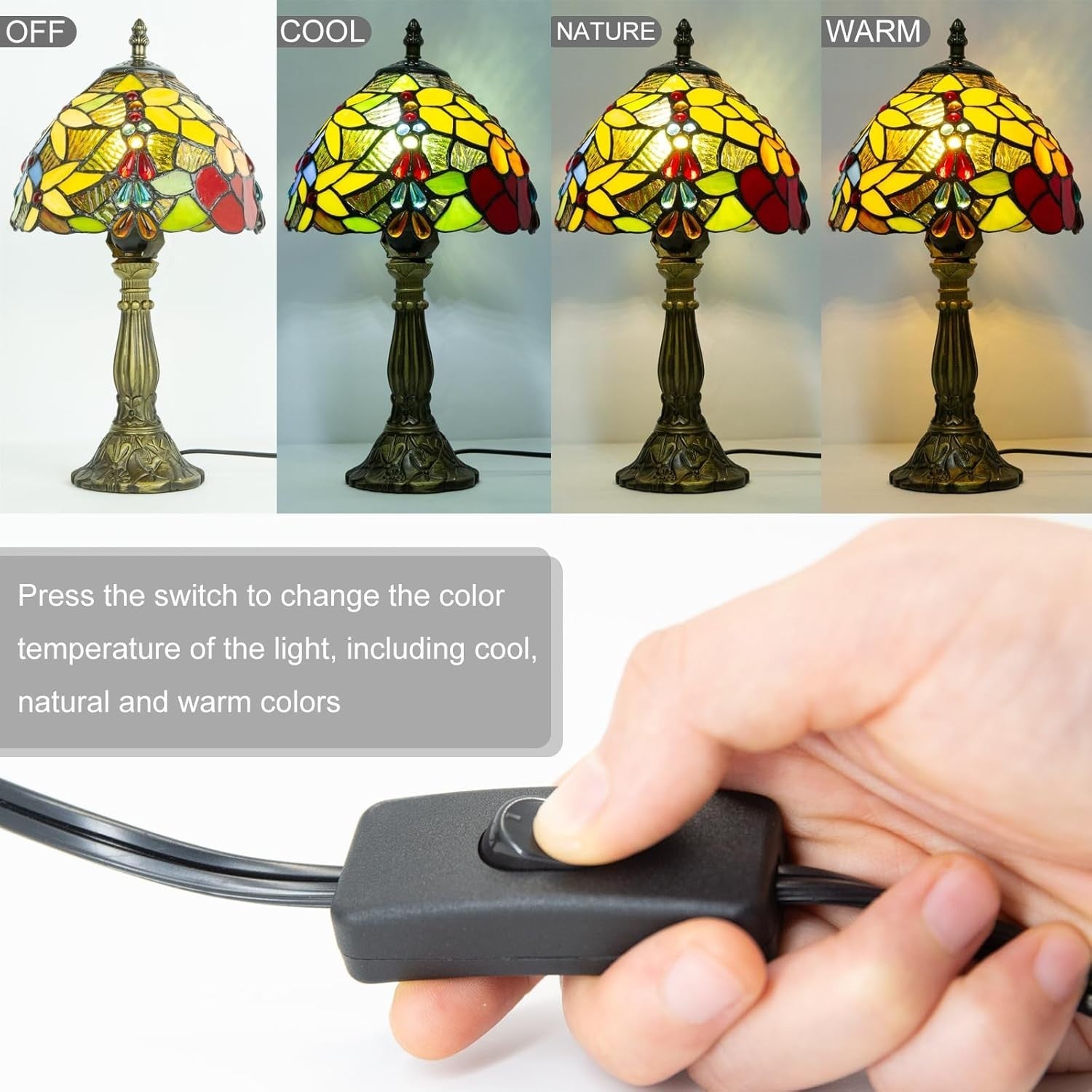 Stained Glass Tiffany Table Lamp 3-Color Dimmable E27 Bulb, 20x20x37cm