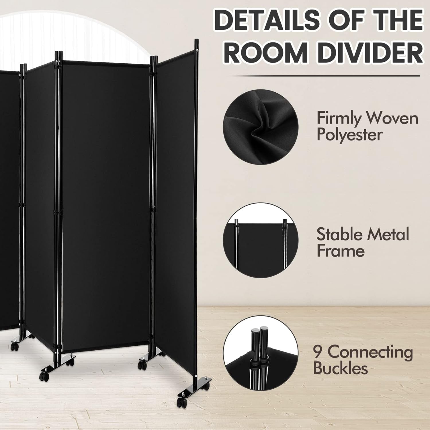 4 Panel Black Folding Room Divider Privacy Screen on Wheels for Home Office