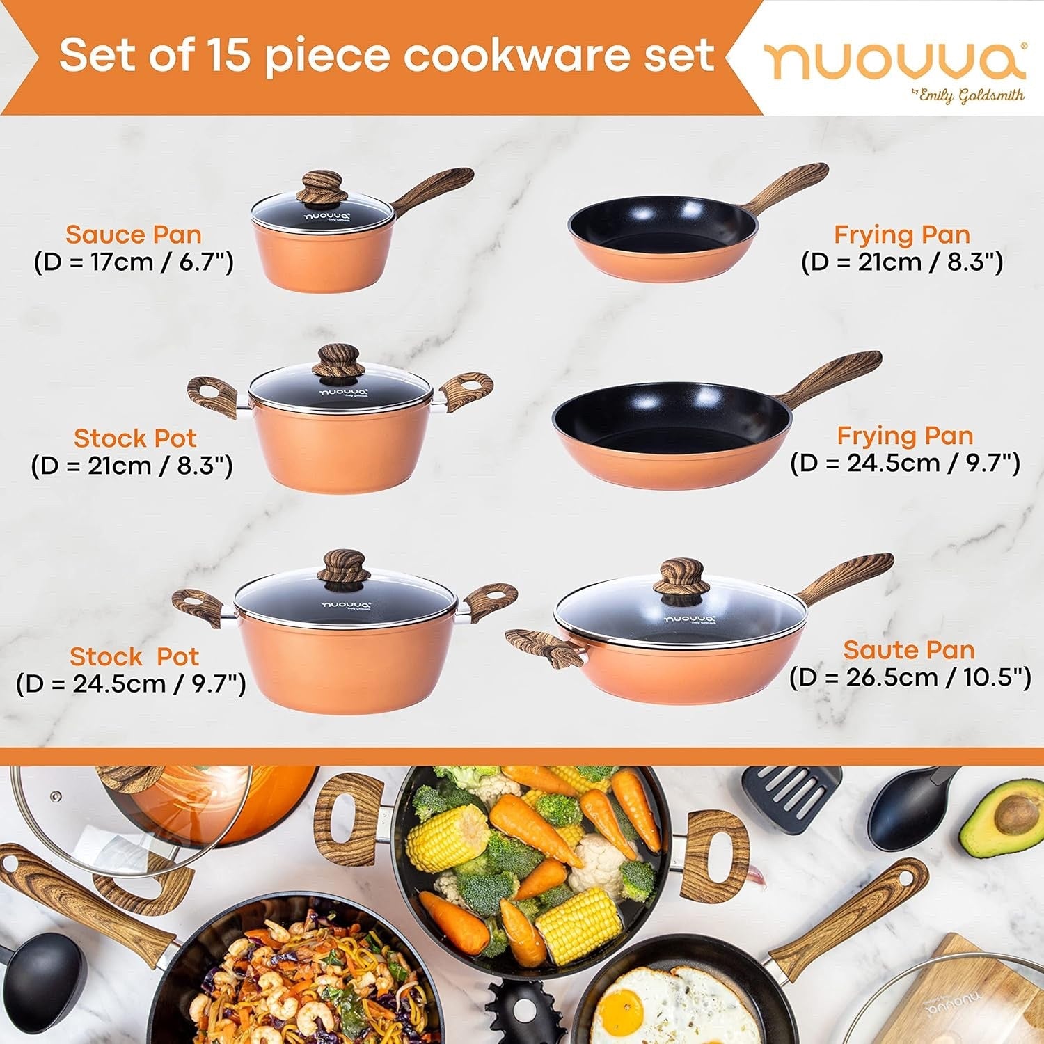 15pcs Luxury Copper Non Stick Cookware Set – Induction Pots & Pans with Lids