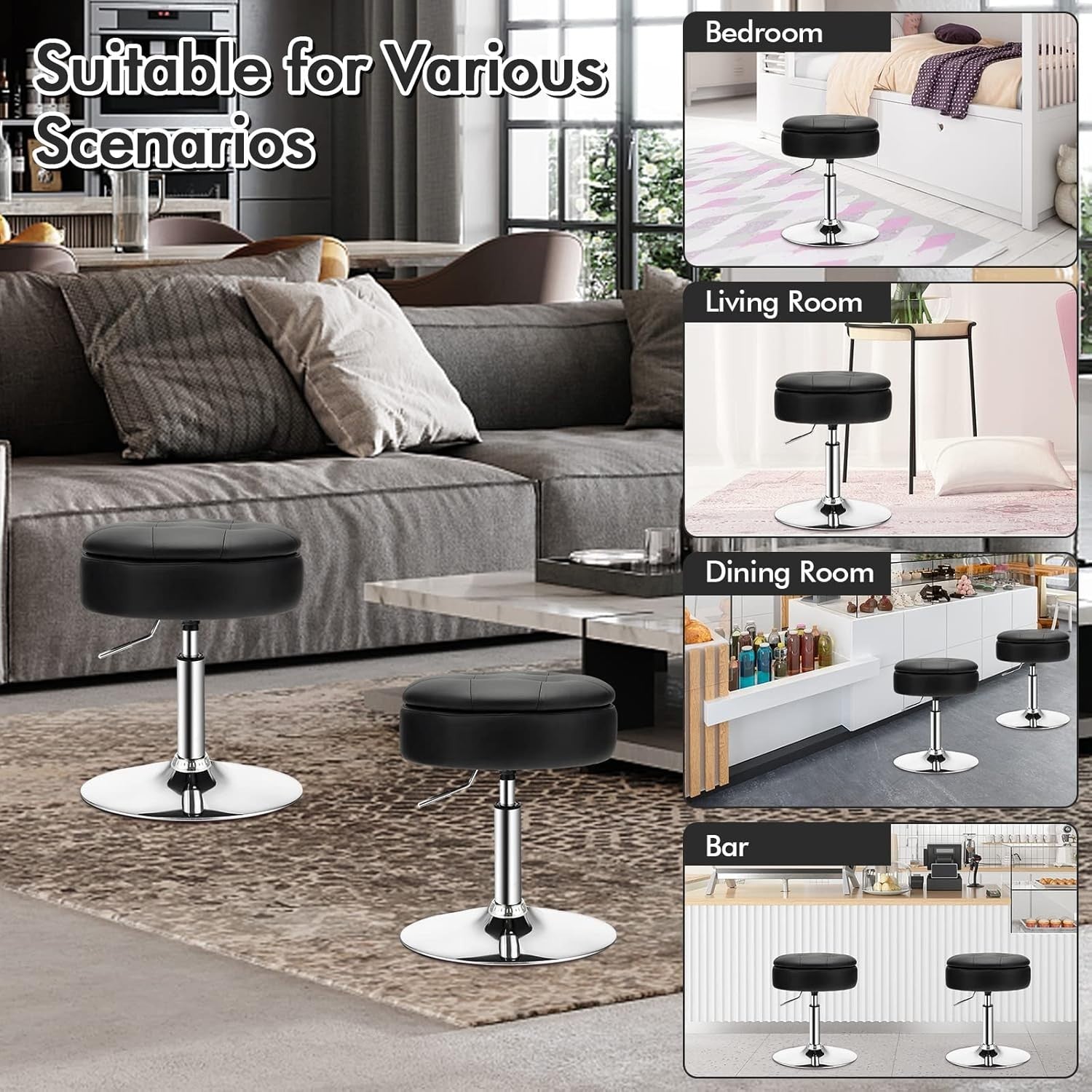 Black PU Leather Swivel Vanity Stool Adjustable w/ Storage & Tray Lid Round Seat