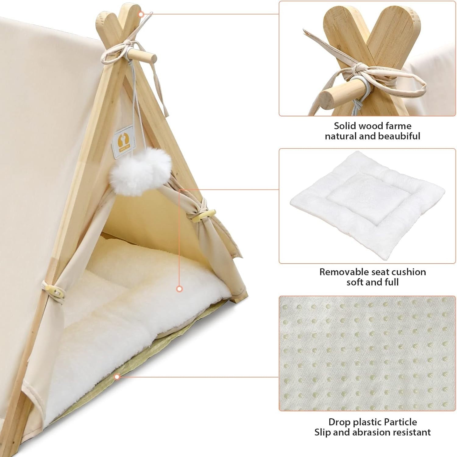 Wooden Pet Teepee Tent Cat Dog House w Cushion Indoor Shelter Beige