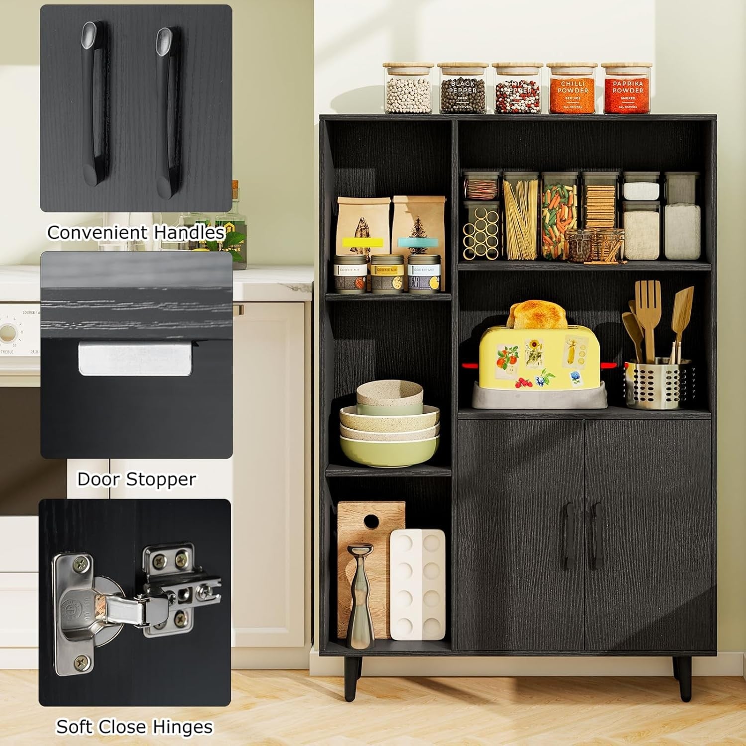 Modern Tall Storage Bookcase with Doors & Open Shelves – 80×23×119cm Black