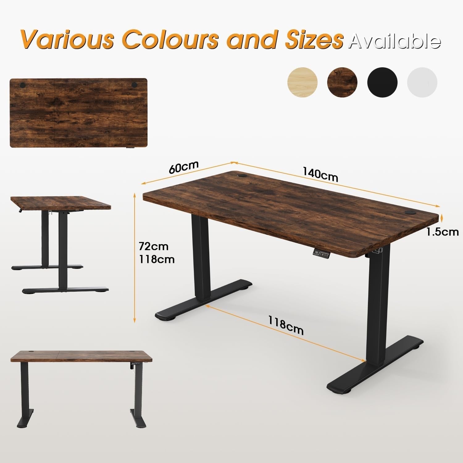 Electric Height Adjustable Standing Desk 140x60cm | Vintage Brown Office Table