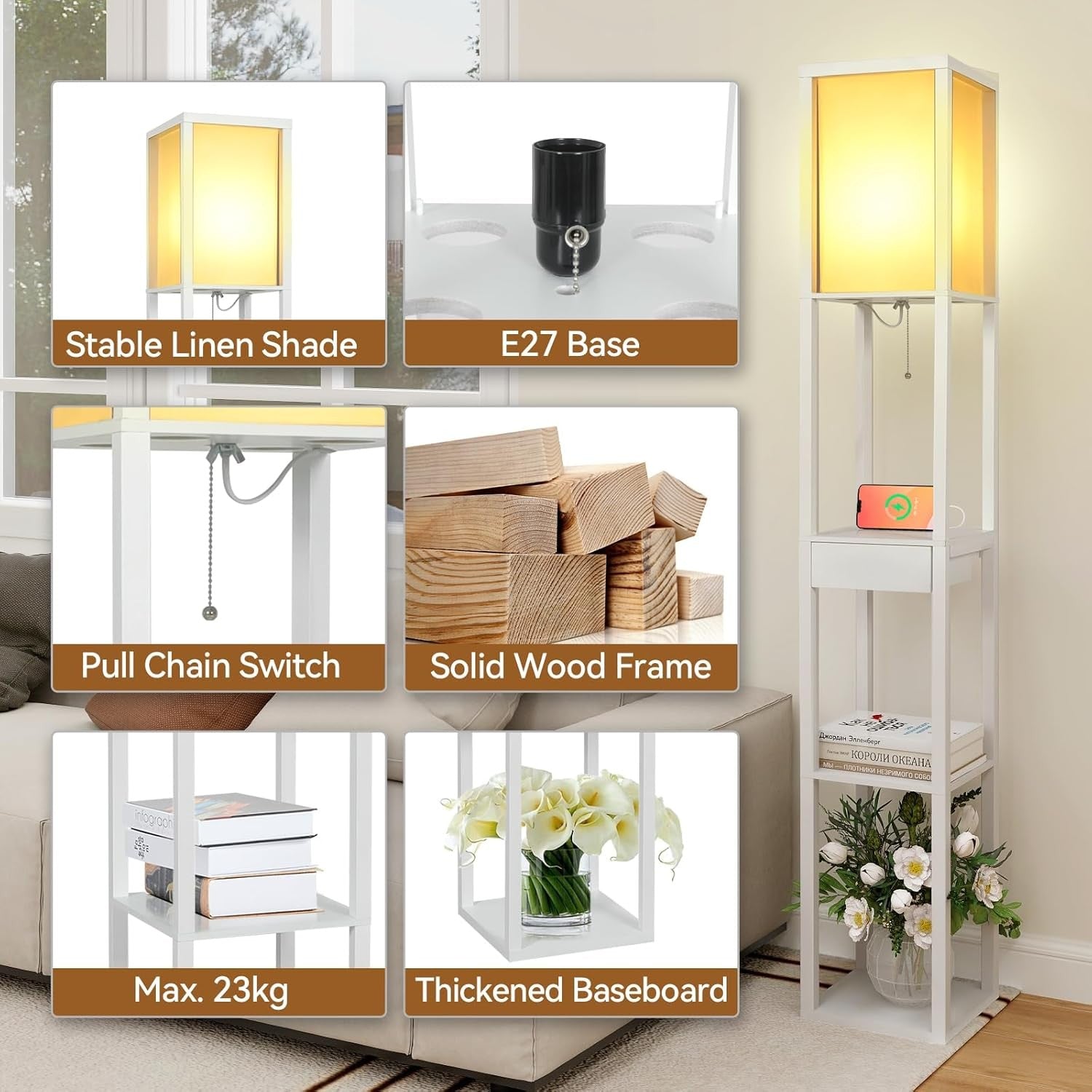 Floor Lamp with Shelves Storage LED Light USB Charging Drawer Modern White
