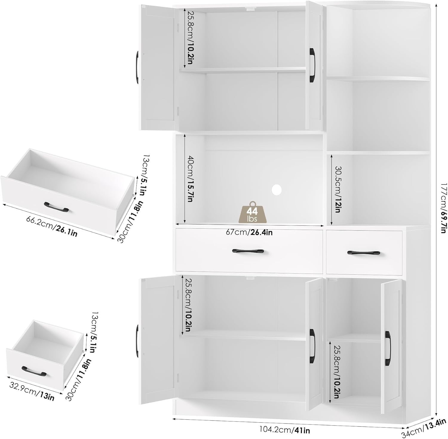 White 177cm Tall Kitchen Cupboard 5 Doors 2 Drawers Pantry Cabinet