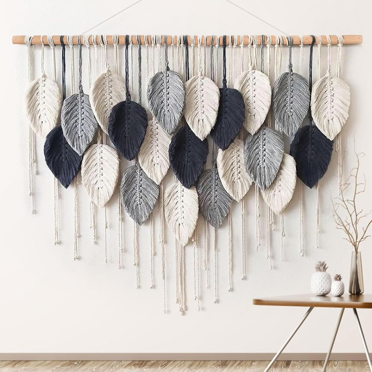 Large Boho Macrame Wall Hanging Leaf Woven Decor Blue