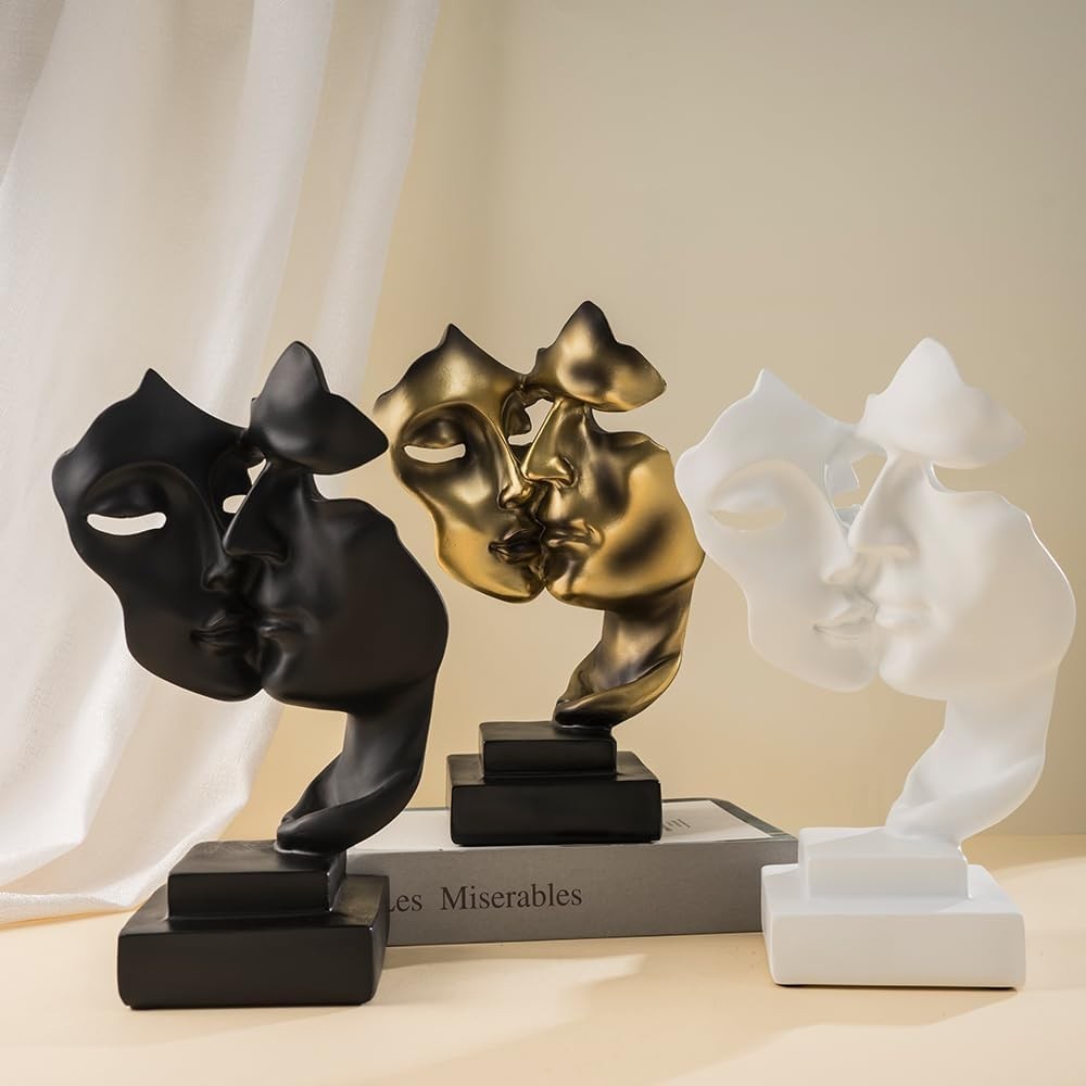 White Abstract Couple Statue • Modern Romantic Resin Face Sculpture