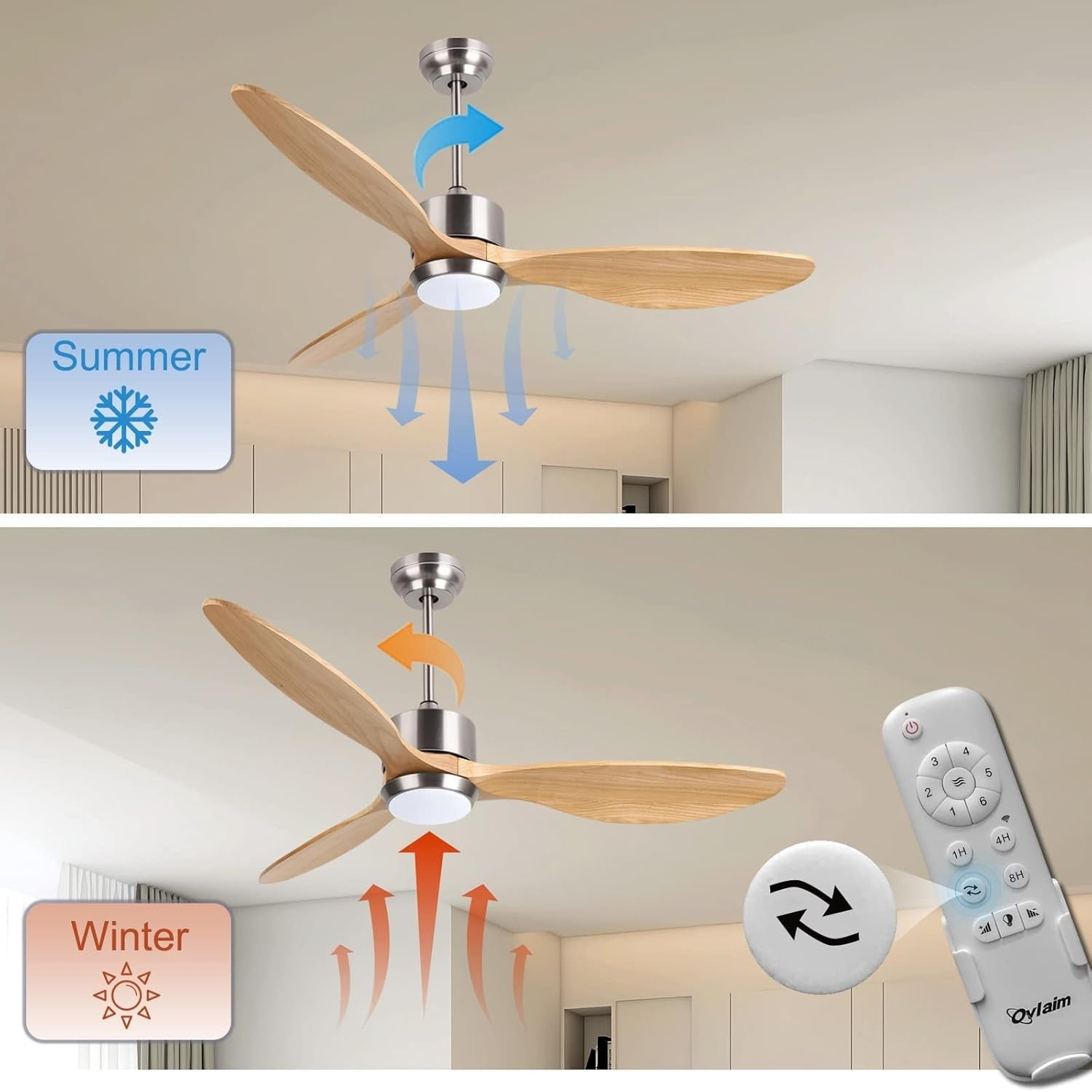 Ovlaim 132cm Silent Wood Ceiling Fan, LED Light, Reversible DC Motor, Remote