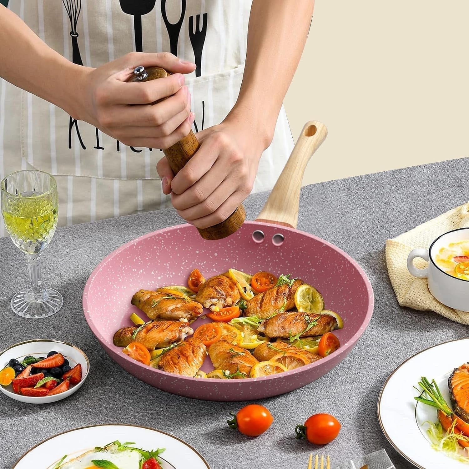 3Pcs Pink Non Stick Frying Pan Set with Lids 20cm 24cm 28cm Induction Ready