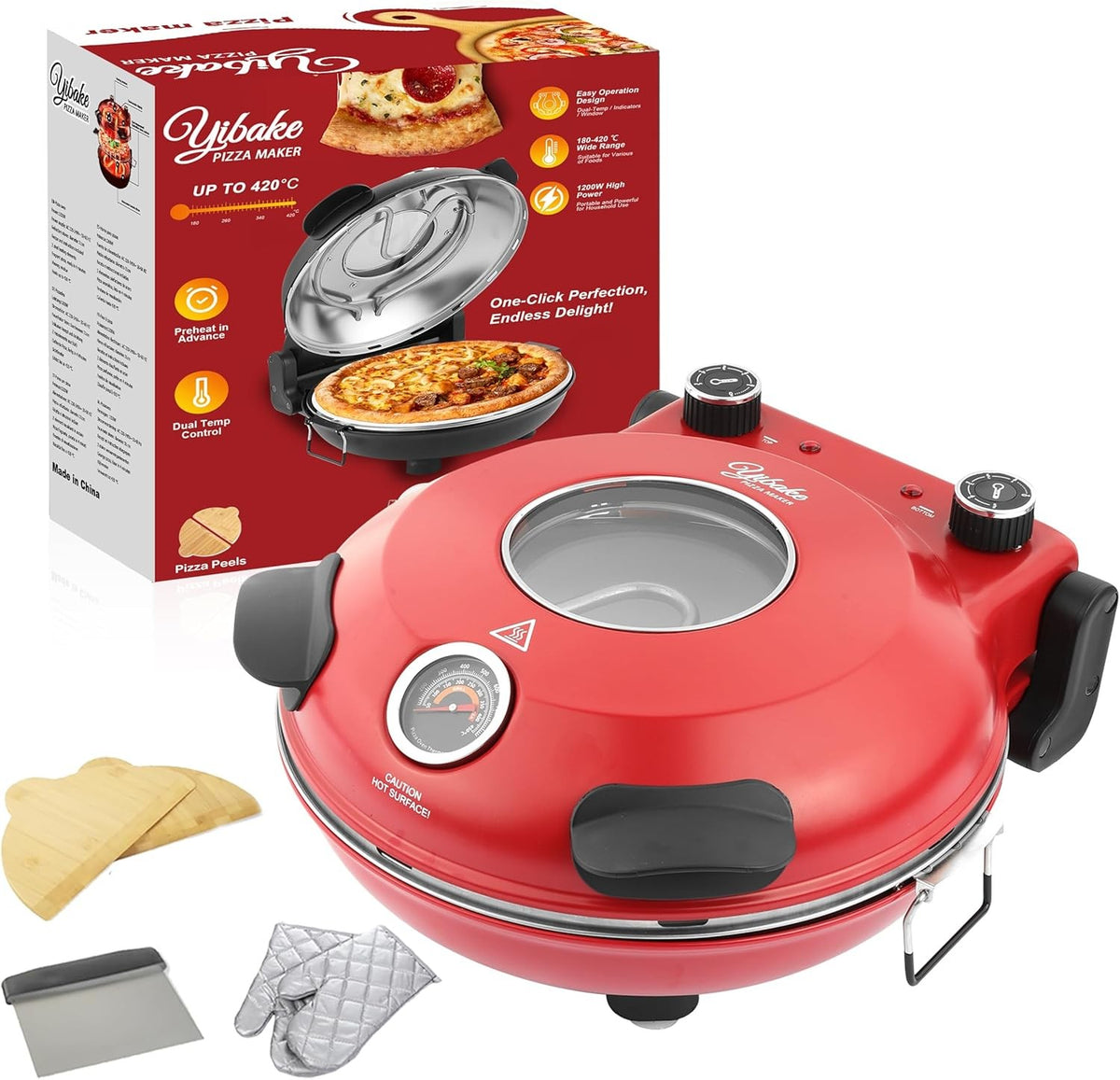 31cm Electric Pizza Oven 1200W Dual Temp Stone Base Fast Bake Red