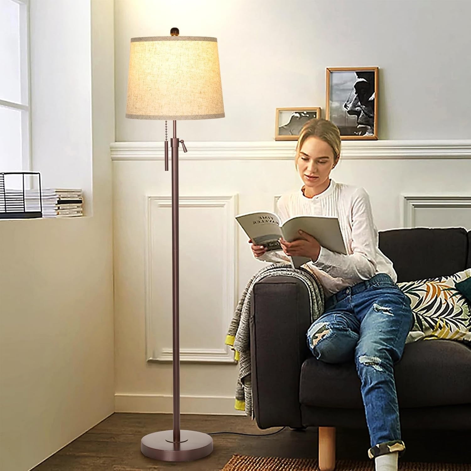 Adjustable Floor Lamp Brown Height Adjustable 3 Colour LED Standing Light