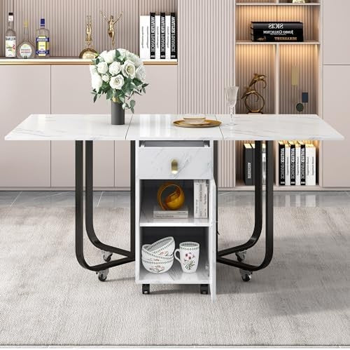 Extendable Folding Dining Table with Storage Drawers Marble White Black