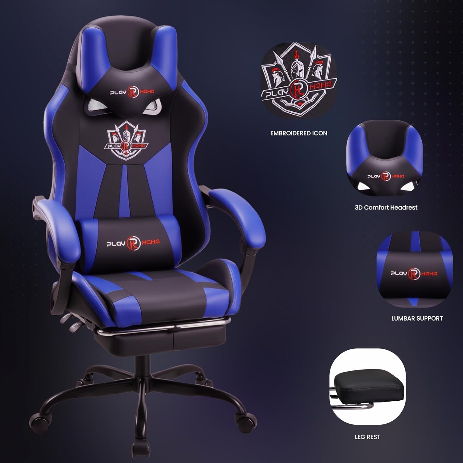 Reclining Gaming Chair with Footrest Ergonomic PU Leather Blue