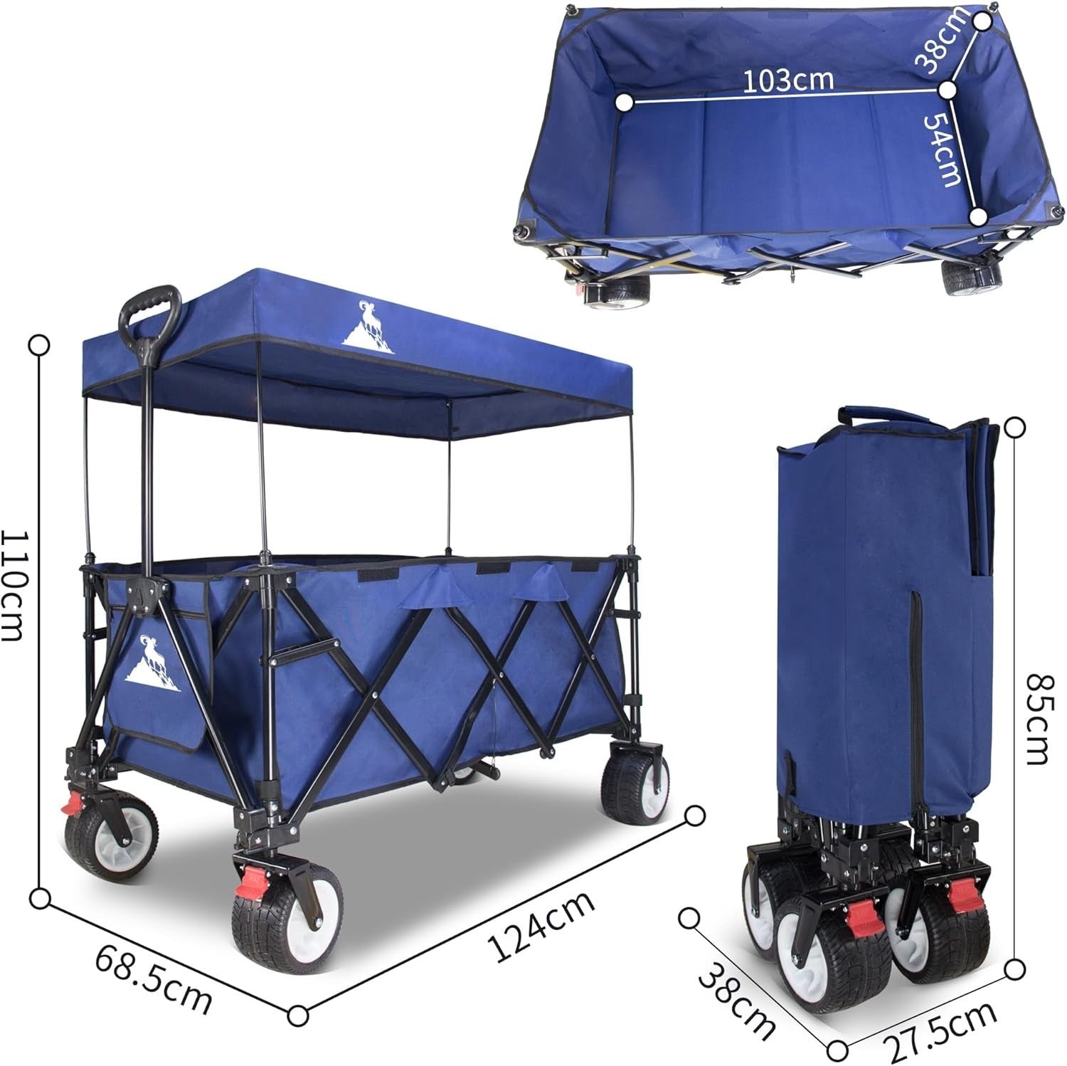 445L Extra Large Folding Wagon Heavy Duty All-Terrain Cart w/ Canopy & Brakes