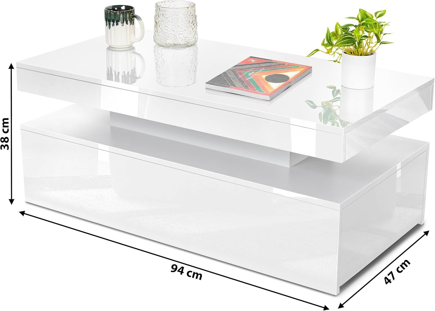 White High Gloss LED Coffee Table with Storage Drawers | 94cm RGB Lights
