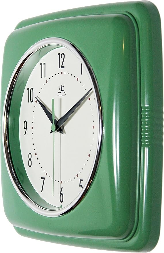 Retro 9in Square Wall Clock Green Silent Sweep Mid-Century Kitchen Diner Decor
