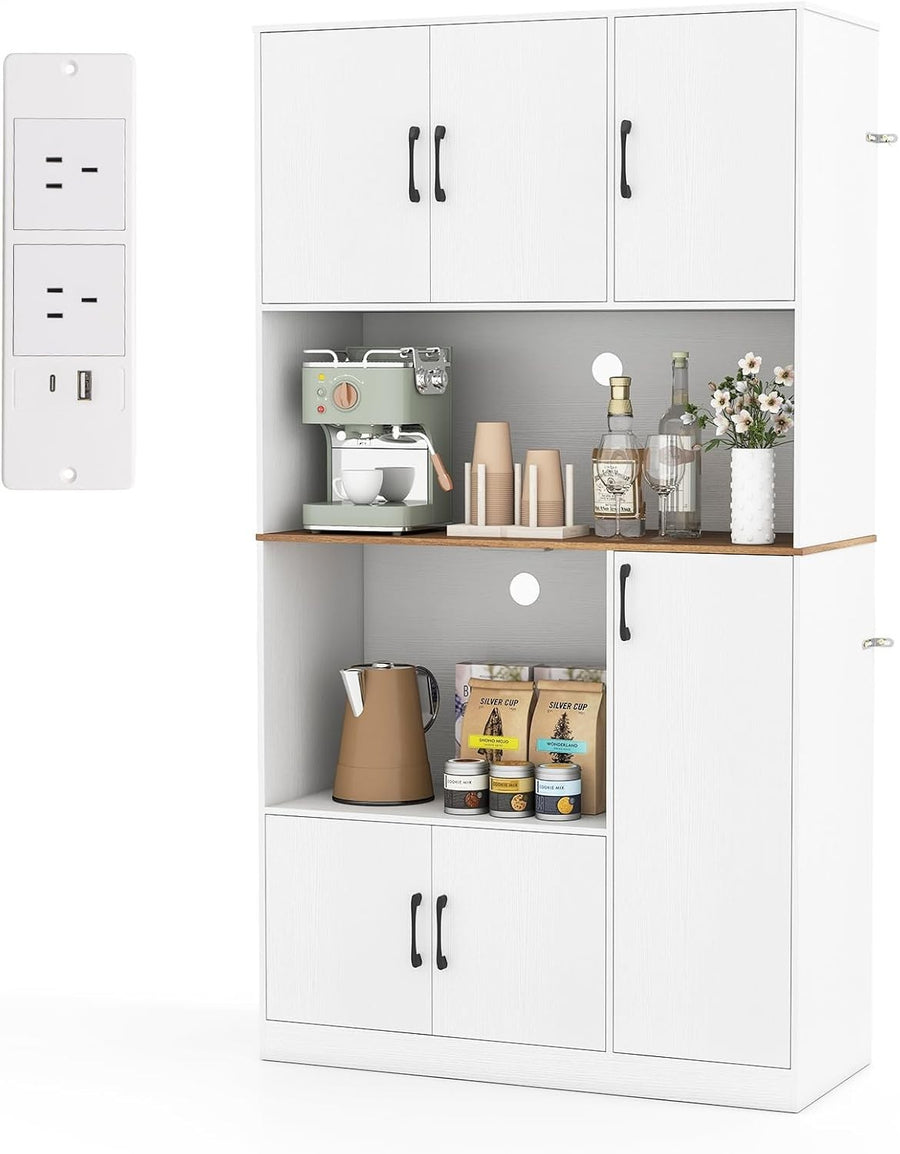 180cm Tall Kitchen Storage Cabinet 6-Door Pantry White | Built-in Outlet