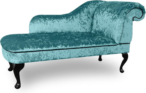 Luxury Left Hand Velvet Chaise Lounge Chair Aqua Blue with Queen Anne Legs