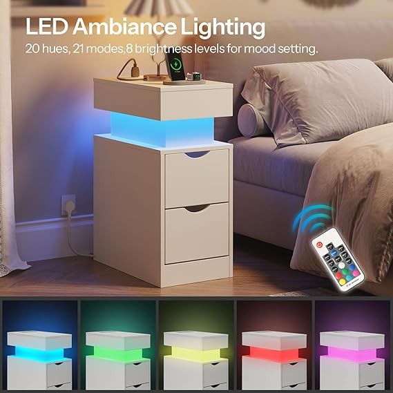 Slim LED Bedside Table  Charging Station, 2 Drawers, Modern White Nightstand