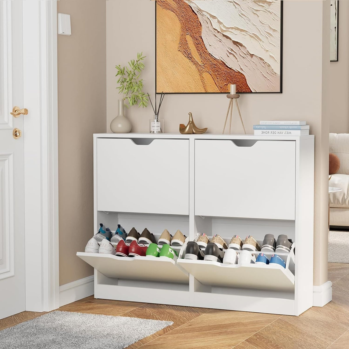 Modern White Shoe Cabinet with 4 Flip Drawers – Slim Storage for Hallway