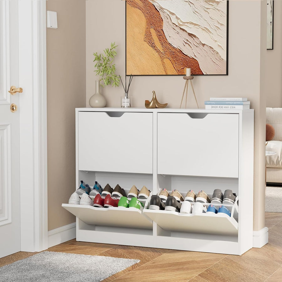 Modern White Shoe Cabinet with 4 Flip Drawers – Slim Storage for Hallway