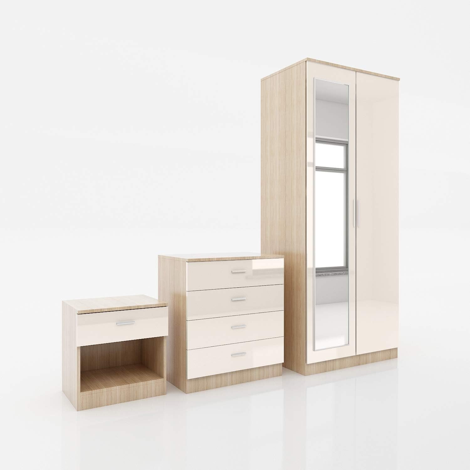 2 Door Mirrored Wardrobe with Rail & Storage High Gloss Cream Oak 180cm