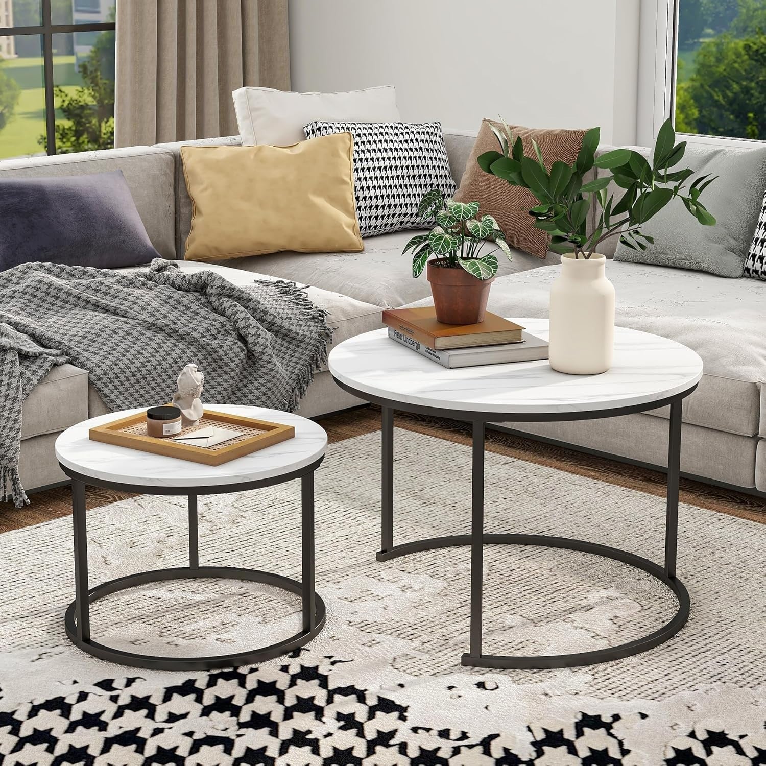 Nesting Coffee Table Black White Round Metal Legs Side End Modern Wood Look