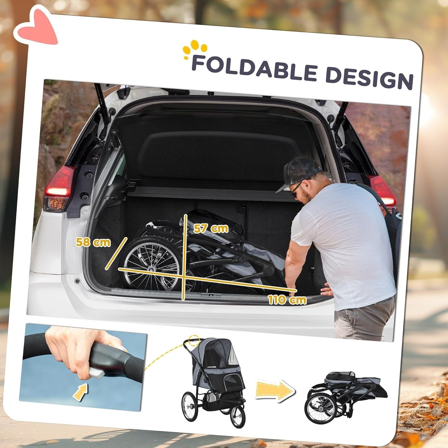 Foldable Dog Stroller for Small & Medium Pets, 3 Wheel Jogger, 20kg