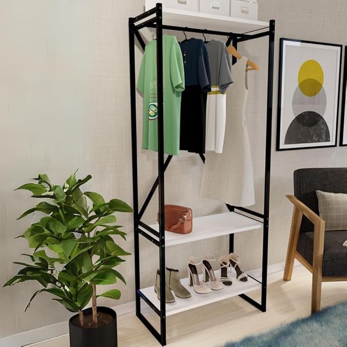 3-Tier White Wooden Coat Rack & Shoe Storage Stand with Metal Frame