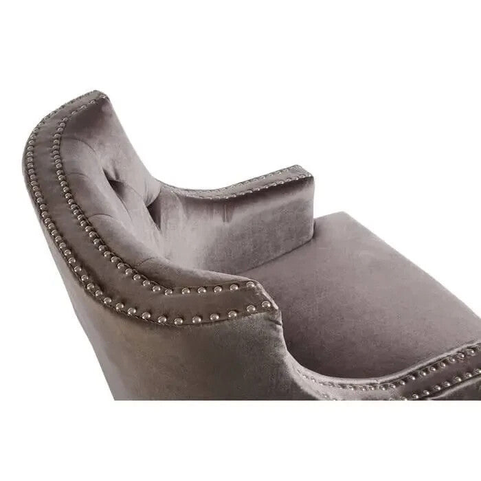 Grey Velvet Accent Chair – Tufted Armchair with Studs & Wooden Legs