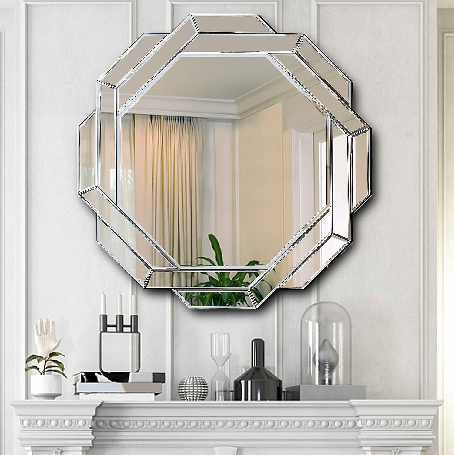 Hexagonal Frameless Wall Mirror 80x80cm, Sleek Silver Beveled Design