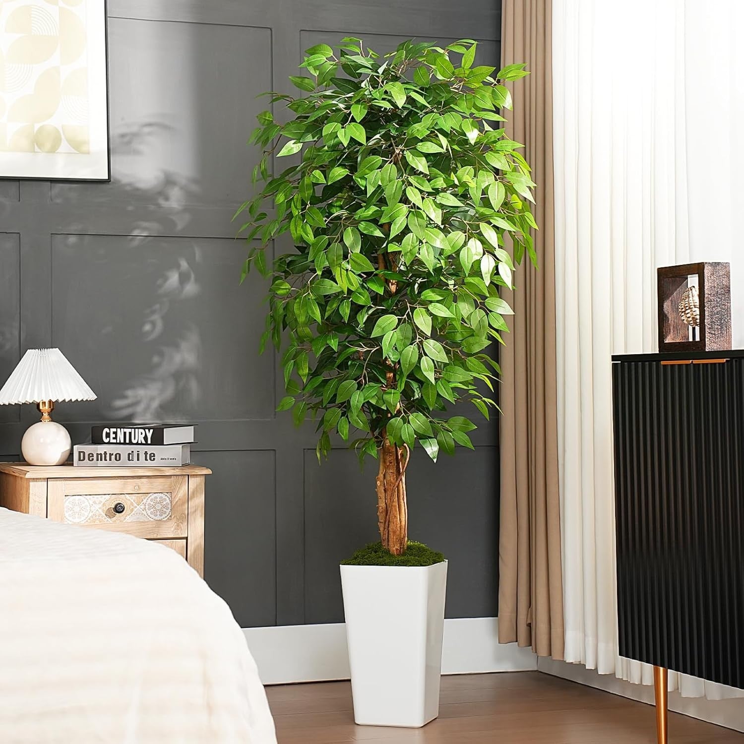 6ft Artificial Ficus Tree Curved Wood Trunks White Planter Lush Faux Home Decor