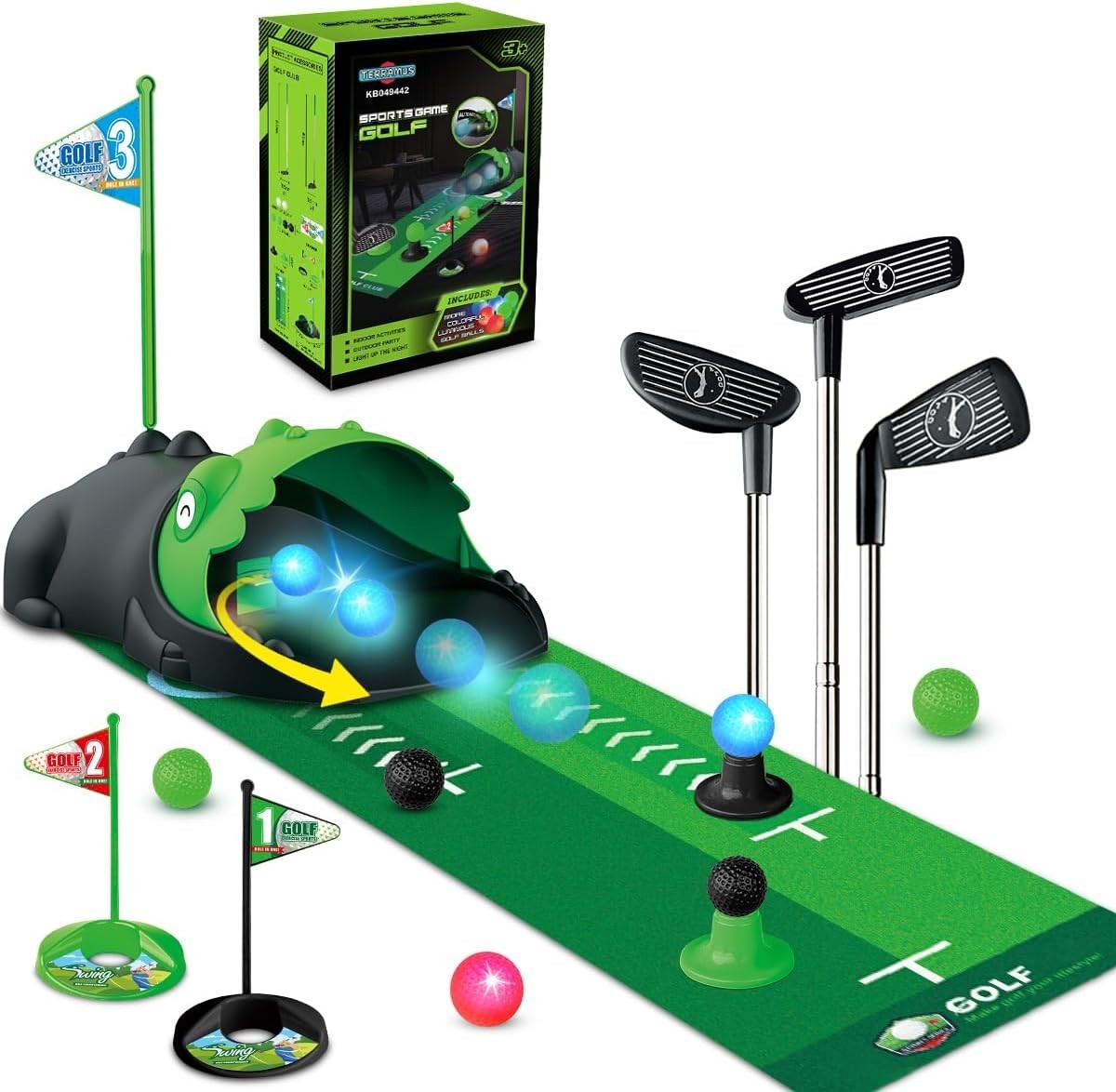 Kids Golf Set Dinosaur Auto Ball Return LED Golf Balls Putting Mat 26”