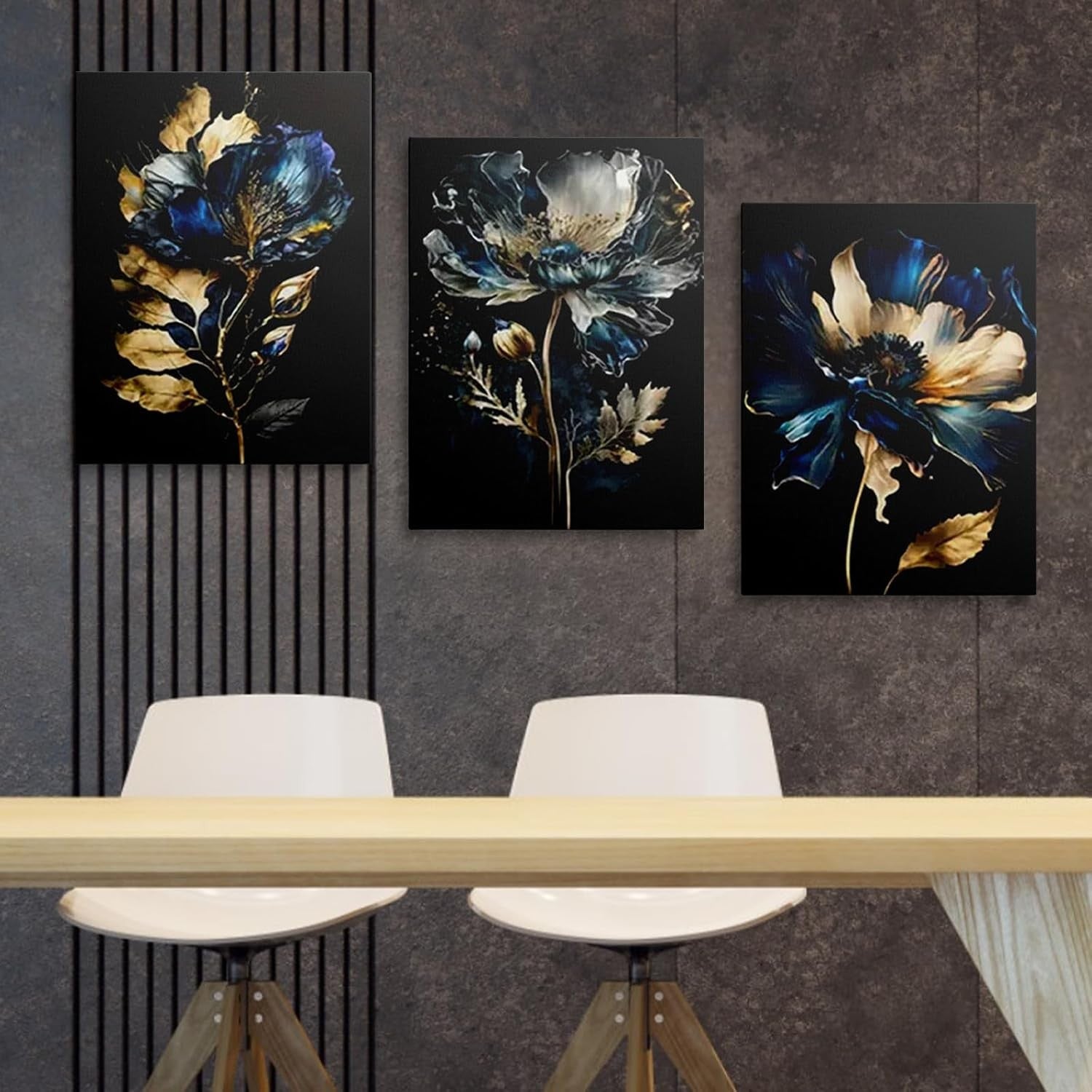 Blue Gold Floral Wall Art Set of 3 Framed Canvas 12x16in