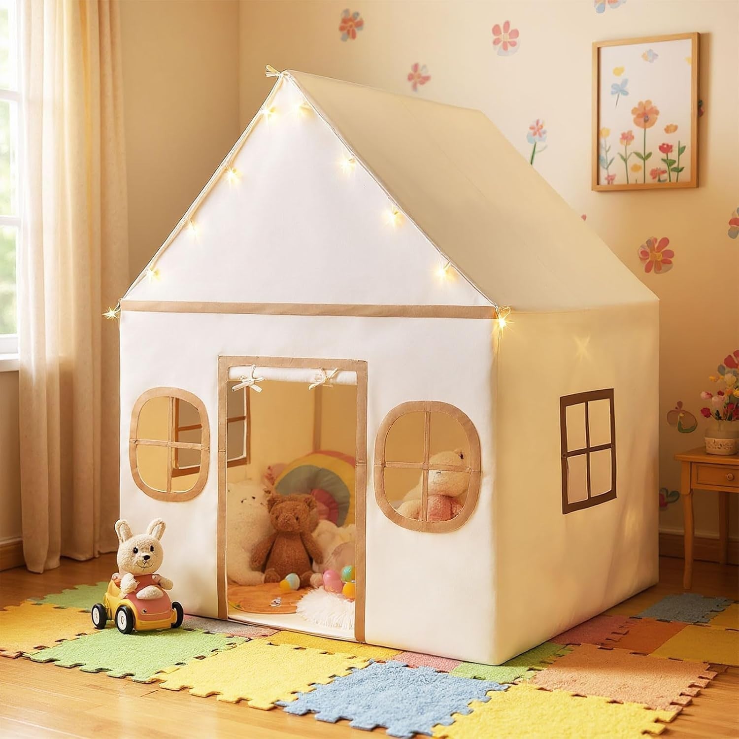 Large Kids Castle Playhouse Tent w Star Lights Non Slip Mat Storage