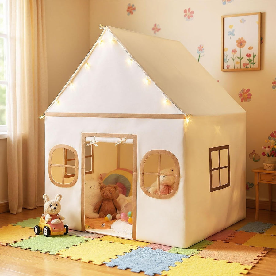 Large Kids Castle Playhouse Tent w Star Lights Non Slip Mat Storage