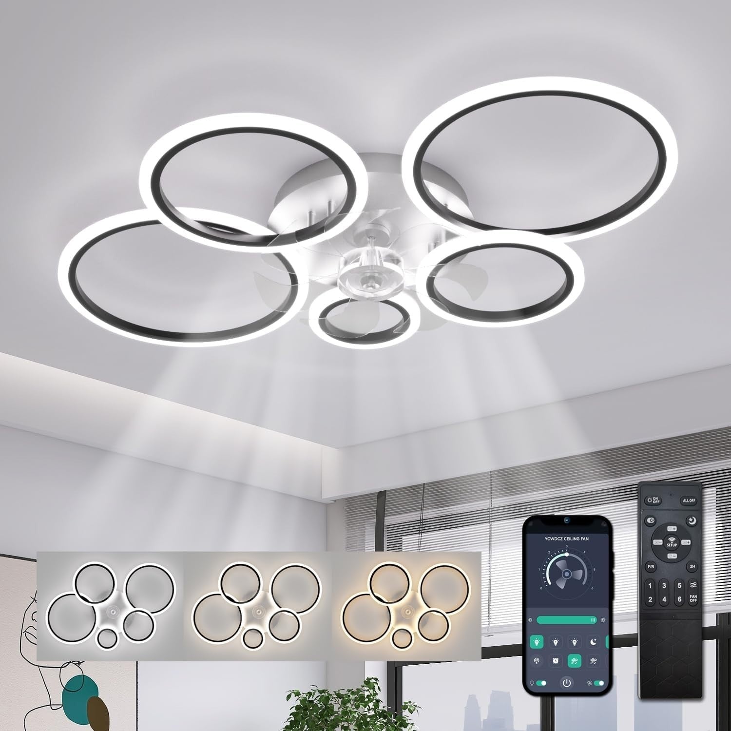ycwdcz 100CM Smart Ceiling Fan with Light, Black, 6-Speed, Remote, LED